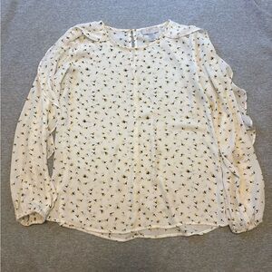 LOFT Women’s Yellow and Black floral pattern with ruffle sleeve-blouse XSP